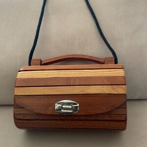 Vintage Wood Varied Slats Fully Lined Handle Mini Bag Black Rope Crossbody